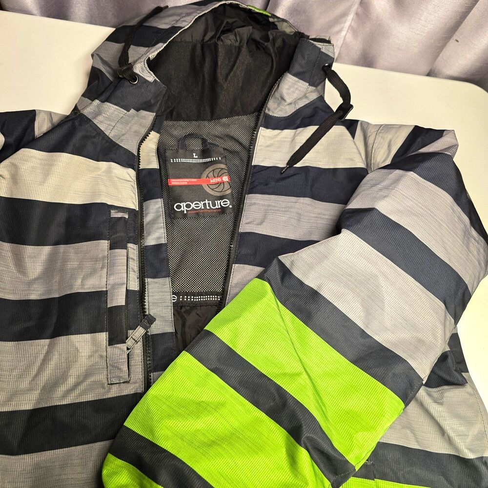 Aperture Men's L Hooded Insulated Full Zip Ski Jacket Striped Green Gray